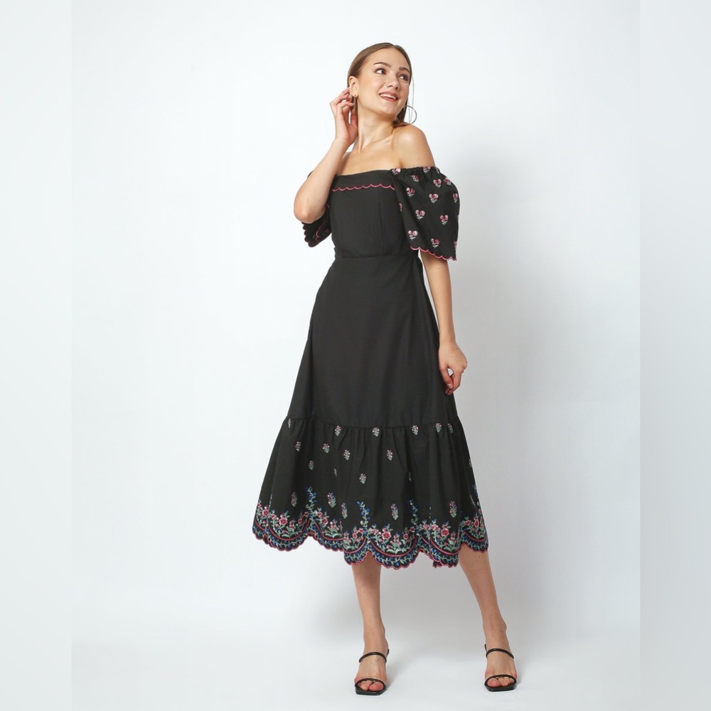 NWT Cella & Flo black embroidered off the shoulder maxi dress